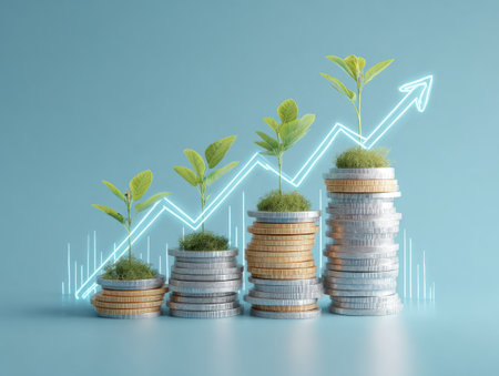 The image features stacks of coins with plants growing from the top. A glowing upward arrow and bar graph lines illustrate the concept of growth. The composition uses cool colors and depicts a conceptual financial theme. Suitable for illustrating investments, savings, or economic trends, it can be used for commercial or educational purposes.の素材