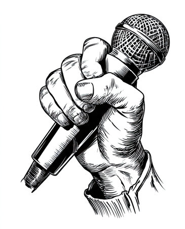 A detailed black and white illustration depicts a hand firmly grasping a microphone. The composition emphasizes the hand's grip and the microphone's structure. This artistic rendering showcases linework and shading to create a textured appearance. Suitable for various projects related to music, broadcasting, or audio production.の素材