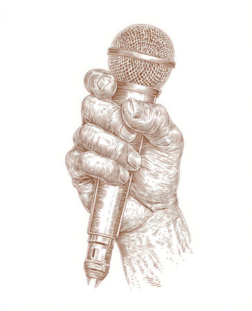 An illustration depicts a hand firmly grasping a microphone, rendered in detailed, textured lines against a clean white backdrop. The artwork showcases a vintage style with a monochromatic color palette, suggesting an indoor setting. This image could be utilized in design projects related to music, communication, or performance.の素材