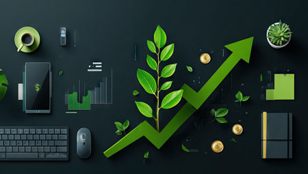 An overhead shot presents a green arrow rising upwards next to a plant. A dark background highlights various objects including a keyboard, mouse, smartphone, and coins. The composition utilizes a flat lay arrangement with a stylized visual aesthetic, suggesting themes of financial growth suitable for various commercial uses.の素材