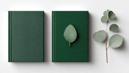Two green hardcover books are arranged on a white background, one adorned with a single leaf. The composition features a neutral, minimalist aesthetic with soft lighting. This studio shot showcases the books' clean lines and textures, suitable for print or digital media. This image may be utilized for various commercial and editorial applications.の素材