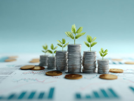 The image features stacks of coins with small plants growing from the top, set against a backdrop of financial charts. The composition utilizes a soft, cool color palette with selective focus, highlighting the coins and plants. This visual metaphor suggests growth and investment, suitable for illustrating financial concepts.の素材
