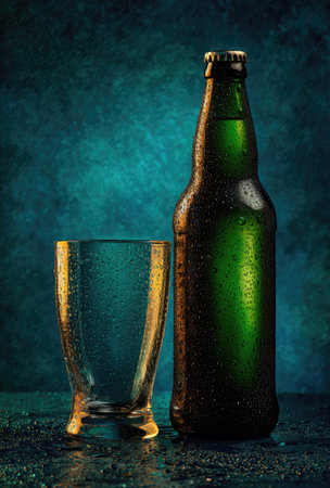 A close-up view displays a green glass bottle next to an empty glass, both covered in water droplets. The objects are set against a textured, dark background. The scene suggests a refreshing drink, possibly for commercial applications like advertising or editorial content. The composition features strong lighting that highlights the textures.の素材