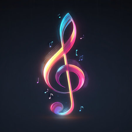 An abstract illustration presents a radiant treble clef surrounded by musical notes. The artwork features vibrant hues including pink, blue, and yellow with a neon glow effect against a dark backdrop. The composition is likely for commercial design and could be suitable for digital art, music education, or promotional content.の素材