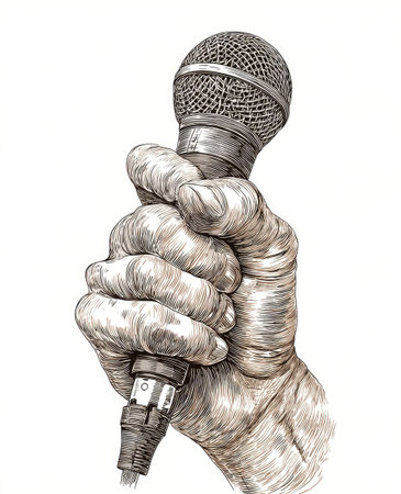 An illustration depicts a hand firmly grasping a microphone, showcasing detailed texture and shading. The monochromatic artwork employs a fine-line style, emphasizing the grip and form. This image could serve various purposes within the media, communications or entertainment industries. It's suitable for representing audio, speech, or music.の素材