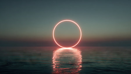 An illuminated neon circle hovers over a body of water, reflecting on its surface. The artwork features a gradient sky in hues of blue and orange, suggesting either a dusk or dawn environment. This visually striking composition, with its strong lines and colors, could be suitable for digital art or conceptual design projects.の素材