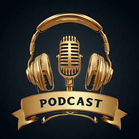 An illustration depicts a golden microphone and headphones set against a dark backdrop. The design utilizes metallic textures and highlights a banner with the word "PODCAST". This graphic can be used for promotional material or editorial content related to audio broadcasting and communication, offering a visually engaging appeal.の素材