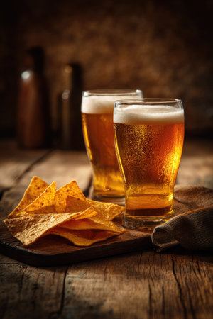 Two glasses of amber-colored beer are presented alongside a pile of golden tortilla chips, arranged on a wooden table. The warm lighting enhances the appetizing colors and textures. This still life setting suggests a casual gathering and may be suitable for advertising or editorial use.の素材