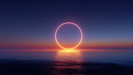 A vibrant neon circle illuminates against a gradient sky during a sunset. The circular shape is reflected on the water's surface, creating a symmetrical composition. The scene features warm colors with potential for use in graphic design, artistic projects, or visual storytelling without specific reference.の素材