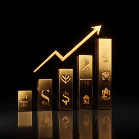 This image features gold bars arranged in a rising graph formation with an upward-pointing arrow overlay. The composition showcases a dark background, highlighting the metallic texture and reflective surfaces. It is ideal for illustrating financial concepts, investment strategies, and economic growth in various commercial applications.の素材