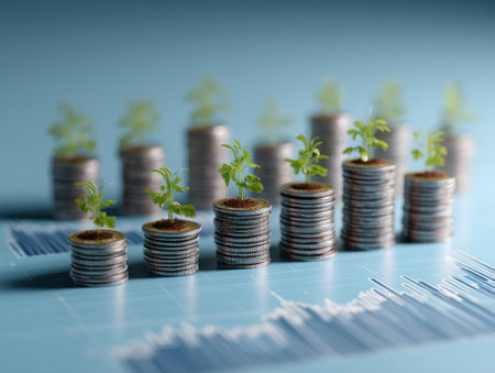 Stacks of coins support small plants, illustrating a concept of financial growth and investment. The image displays a shallow depth of field, with soft lighting and a blue-toned background. The composition suggests growth, prosperity, and the potential of nurturing financial goals. Suitable for diverse commercial and editorial applications.の素材