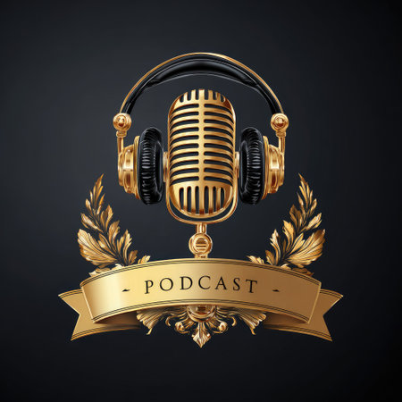An illustration features a golden microphone flanked by headphones and a banner that reads "Podcast". The artwork employs gold and black hues, showcasing a detailed design with ornamental leaves. The composition is likely for audio-related content, with potential applications in marketing and promotional materials.の素材