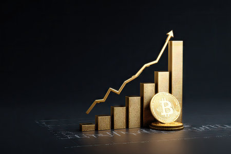 A golden Bitcoin coin and a rising chart are presented against a dark background, suggesting financial growth. The composition uses a stylized, three-dimensional look with a high-contrast lighting scheme. The image evokes concepts of investment, market trends, and economic analysis. Suitable for illustrating business, finance, or technology articles.の素材