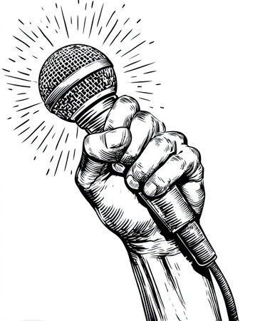 An illustration depicts a hand firmly gripping a microphone. The artwork features detailed cross-hatching to create depth and texture, with radial lines emanating from the microphone. The monochromatic style suggests a vintage or graphic design aesthetic, potentially suitable for editorial content and creative projects.の素材