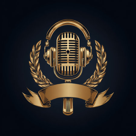 An emblem featuring a vintage golden microphone encircled by laurel wreaths and a flowing ribbon, set against a dark background. The design showcases detailed textures and a rich color palette, suggesting a sense of prestige. Ideal for various commercial uses, including branding and advertising, the image captures attention through its elegant composition and visual impact.の素材