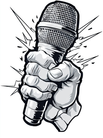 This graphic illustration features a hand firmly grasping a microphone. The monochrome image utilizes shades of gray, creating a textured look. The composition highlights the hand and microphone, suggesting power. This image could be used in various commercial or editorial contexts related to music or communication.の素材