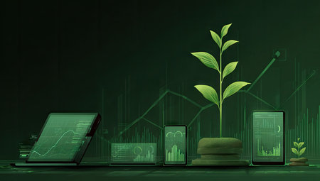 A digital illustration depicts a plant sprouting, symbolizing growth, placed among various devices displaying financial charts. The artwork employs a dark green color scheme with highlights, featuring a clean, modern aesthetic. Suitable for illustrating financial topics, technology advancements, or concepts of progress and investment strategies. The image's composition allows versatile commercial use.の素材