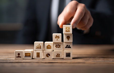 A hand carefully places a wooden block atop a stack. The blocks display various icons, arranged on a wooden table. Warm lighting enhances the scene. This visual could be utilized for topics related to business, innovation, or conceptual representation. It is ideal for diverse commercial projects.の素材