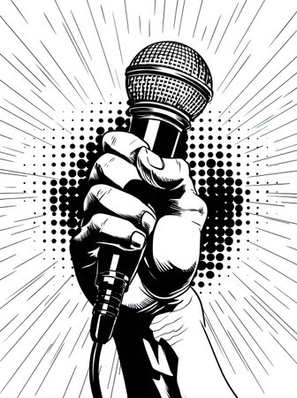 An illustration depicts a hand gripping a microphone, rendered in a striking black and white comic style. The image features dynamic radial lines and a halftone pattern, suggesting movement and emphasis. It could be used in various commercial projects to represent sound, communication, or performance.の素材