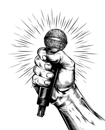 An illustration depicts a hand firmly grasping a microphone, rendered in a detailed black and white style. Sharp lines define the form, with emanating rays radiating outwards. The composition evokes energy and focus, suitable for various promotional and editorial purposes. The image is devoid of color, set against a plain background.の素材