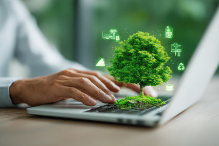 A vibrant green tree sprouting from a laptop keyboard symbolizes eco-friendly technology. The image showcases a bright tree with several environmental icons, composed with soft focus and natural lighting. This visual can be suitable for various applications, including website design, advertising, and editorial content.の素材