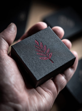 A hand delicately holds a dark, square box adorned with a red leaf emblem. The image exhibits a shallow depth of field, focusing on the box's texture and detail. The composition suggests an indoor setting with even, soft lighting. Potential uses include product promotion, design showcases, or conceptual illustrations.の素材
