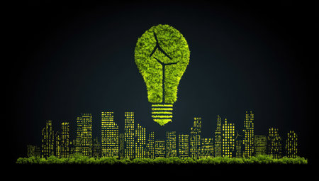 An illustration depicts a green light bulb shape above a cityscape silhouette. The image utilizes green hues with a dark background. The composition suggests an environmental or sustainability theme. It's suitable for various applications related to green energy, conservation, or futuristic urban planning projects.の素材