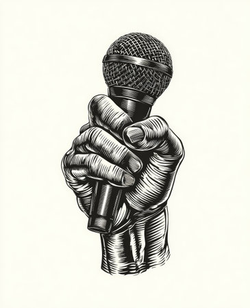 A detailed illustration depicts a hand gripping a microphone. The artwork features a vintage engraving style, with strong lines and contrasts. The image is devoid of color, set against a plain background, suggesting a focus on the subject. Suitable for editorial use or concepts related to voice or music.の素材