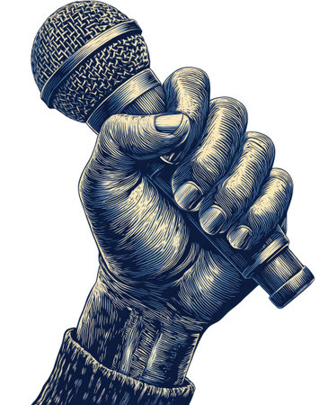 An illustration depicts a hand firmly gripping a vintage microphone. The monochrome image showcases detailed linework, creating texture and depth. The composition focuses on the hand and microphone, suggesting a speech or performance context. This artwork might suit editorial articles or creative projects needing a visual representation of communication.の素材