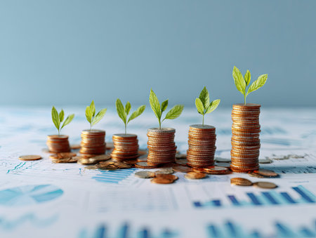 This image features stacks of coins with small plants growing from the tops. The scene presents a light blue background and a light table with financial charts and documents. The composition uses a low angle, natural lighting, and offers potential use for financial articles or business presentations.の素材