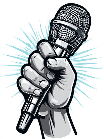An illustration depicts a hand firmly grasping a microphone, rendered in a graphic style. The image features shades of gray and white, creating a contrast. A light burst emanates from the background. Suitable for use in a variety of commercial and editorial contexts related to music and performance.の素材