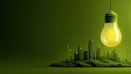 An illuminated light bulb hangs above a stylized city silhouette and wind turbines, all rendered in shades of green. The image features a clean, minimalist design with soft lighting and ample copy space. It could be used in projects related to sustainability, green technology, or eco-friendly initiatives, and other similar applications.の素材