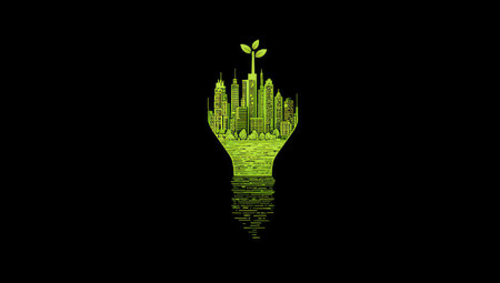 An illustration features a glowing green city enclosed within a light bulb shape, set against a black background. The design showcases an urban landscape with buildings and a plant. The artwork employs vector style and vivid colors for conceptual projects related to environment and sustainability.の素材