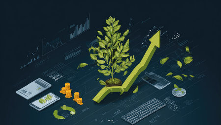 An illustration depicts a green tree emerging from an upward-pointing arrow. The image showcases digital devices and currency symbols, with a dark background. The scene includes light effects, hinting at a modern, technological context. Suitable for financial, business, and investment concepts, this imagery can be used in various commercial applications.の素材