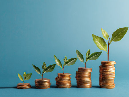 Green plants sprout from ascending stacks of coins, set against a solid blue backdrop. The composition features overhead lighting, with the metallic texture of the coins in sharp focus. This image evokes concepts of growth and financial success, suitable for business presentations and editorial content.の素材
