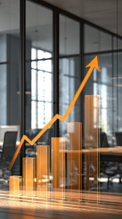 An upward trending graph overlayed over bar charts, signifying financial growth and progress. The scene showcases a modern office setting. The composition uses orange and gold colors that could be suitable for business, finance, and investment publications or marketing materials.の素材