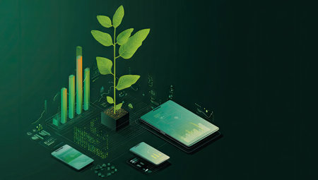 An illustration depicts a green plant growing alongside digital devices and data charts. The composition showcases shades of green, with a dark background. The scene suggests a blend of technology and nature. Ideal for visualizing growth, finance, or sustainability themes, the image can be used for various commercial or editorial applications.の素材