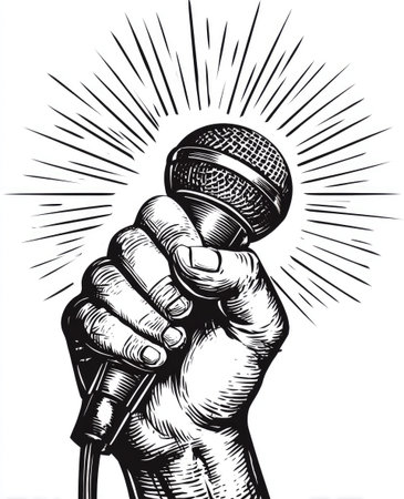 An illustration depicts a hand firmly grasping a microphone, emanating radial lines. The artwork, in a black and white style, showcases texture. This image could be suitable for a variety of projects, potentially including music-related events or artistic representations. It is devoid of color gradients or photo-realism.の素材