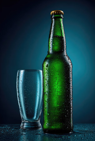 A close-up captures a green beer bottle beside an empty glass, set against a dark blue backdrop. Water droplets adorn the surfaces, enhancing the visual appeal. The composition features strong lighting, suitable for advertisement. This image is suitable for various commercial uses, including product promotion and beverage-related content.の素材