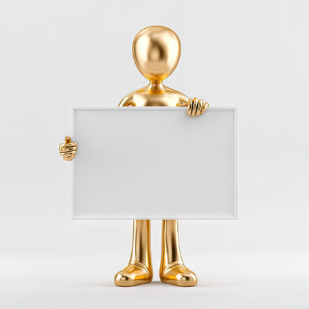 A golden figure holds a white, rectangular sign against a seamless, white backdrop. The humanoid form is rendered in a smooth, metallic finish with stylized features. The studio lighting provides bright illumination, creating highlights and shadows. The image is suitable for various commercial purposes and can be utilized for promotion or advertising.の素材