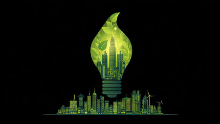 An illustration features a city skyline contained within a leaf-shaped lightbulb, rendered in shades of green. The composition, set against a dark backdrop, highlights themes of sustainability. The image's clean lines and vector style suggest adaptability for various commercial and editorial applications, possibly promoting environmental awareness.の素材