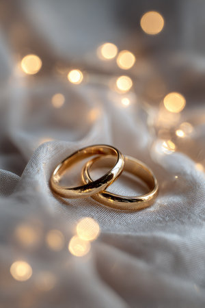 Two golden wedding rings rest upon a textured white fabric, creating a classic still life composition. Warm tones dominate, enhanced by an out-of-focus bokeh background. Soft lighting and close-up perspective highlight the rings' details. Suitable for commercial projects representing love, commitment, and relationships.の素材
