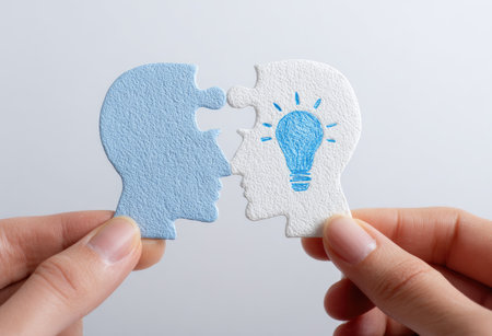 Two hands hold puzzle pieces shaped as heads, coming together to form a complete figure. The visual features blue and white colors with soft lighting against a plain backdrop. It could be used for illustrating teamwork, problem-solving, or the concept of innovation in various commercial applications.の素材