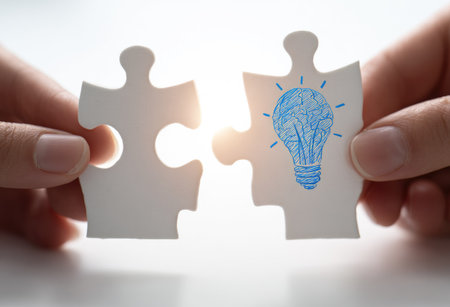Two hands carefully hold puzzle pieces, one featuring a drawn lightbulb representing an idea. The scene is bathed in soft, natural lighting against a plain white background, suggesting a clean, focused setting. The image uses a shallow depth of field, suitable for conceptual and illustrative uses, such as business presentations and creative projects.の素材