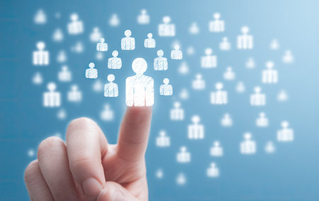 A human index finger touches a bright person icon, surrounded by many similar icons, all on a gradient blue background. The composition suggests selection or connection. The soft lighting and clean style could be useful for illustrating teamwork, human resources, or marketing concepts. It is suitable for diverse editorial and commercial applications.の素材