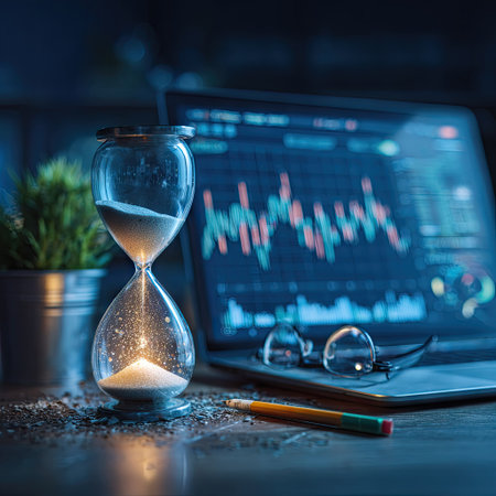 An hourglass sits prominently, filled with sand, beside a laptop showcasing a stock chart. The composition features glasses and a pencil, with soft lighting enhancing the scene. This setup suggests themes of time, finance, and technology, suitable for various business and editorial contexts.の素材