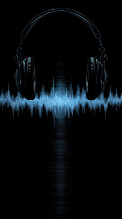This image presents a pair of headphones centered above a dynamic blue sound wave illustration against a black backdrop. The composition features high contrast with stark lighting and a modern aesthetic. Suitable for various applications related to music, audio, or entertainment concepts, providing a visually engaging element.の素材