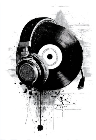 An illustration depicts a pair of headphones placed over a vintage vinyl record. The image features a black and white color scheme, with paint splatters. The composition is likely for commercial use, highlighting music and audio elements with a grunge aesthetic. This could be applied to multiple creative applications.の素材