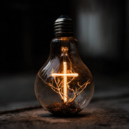 A translucent lightbulb encases a glowing cross, the central focus of this image. Inside, intricate branches evoke a sense of growth. The composition uses a warm color palette, and the soft lighting suggests a contemplative atmosphere. This visual could be used in various commercial applications.の素材