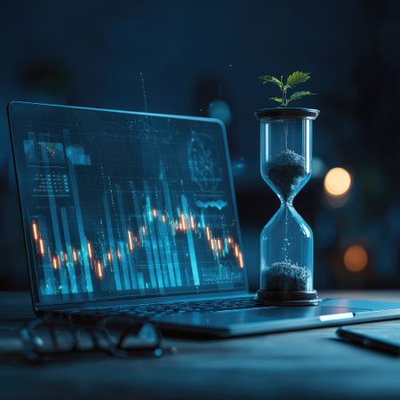 A laptop displays financial data next to an hourglass topped with a small plant. The scene features a cool color palette with prominent blues and touches of orange, creating a high-tech atmosphere. The composition utilizes low-key lighting and a shallow depth of field, suitable for illustrating business or investment concepts.の素材